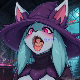 accident anthro blue_body blue_fur blush bodily_fluids breasts cauldron clothed clothed/nude clothed_female clothing dark_background duo eyelashes female fluffy foggy front_view fur hair hat headgear headwear long_eyelashes male male/female moon mouth_play night nude oral_vore plant purple_clothing purple_eyes saliva shrinking shrinking_potion size_transformation sleeves smoke surprise_face sweater topwear transformation tree turtleneck vore window witch_hat sheishfed palworld human katress mammal pal_(species) hi_res portrait story story_in_description