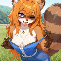 anthro black_nose blush bottomwear breasts cleavage clothed clothing ear_piercing female fluffy fluffy_tail fur hair inner_ear_fluff jewelry lace_bra locket looking_at_viewer markings multicolored_body multicolored_fur off_shoulder one_eye_closed orange_body orange_fur orange_hair outside piercing purple_eyes smile solo standing straps striped_markings striped_tail stripes tail_markings tongue tongue_out topwear tuft winking vtaviscratch mammal procyonid raccoon