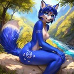 anthro areola blue_body blue_eyes blue_fur blue_hair breasts canid canine female fox fur gem hair jewelry krystal mammal markings mercrantos mostly_nude nature nipples nude outside plant seductive side_boob side_view sitting solo tree white_body white_fur