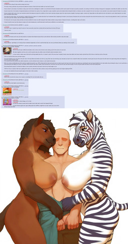 anthro areola big_breasts blush breasts brown_body brown_fur casual_nudity clothing confident dominant dominant_female faceless_character faceless_male female female_on_human fur group group_sex hair huge_breasts human_on_anthro interspecies larger_female male male/female male_on_anthro nipples nude nude_female sandwiched sex shy simple_background size_difference smaller_male smile stripes submissive submissive_male text threesome trio undressing white_background otteranon 4chan equid equine horse human mammal zebra absurd_res english_text hi_res