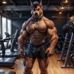 anthro askiewarg attempted_signature black_mohawk bodily_fluids bottomwear brown_body brown_fur canid canine canis clothing collar dobermann domestic_dog fur genital_fluids genitals gym leaking_precum male mammal muscular muscular_male penis penis_tip pinscher precum shorts solo veiny_muscles