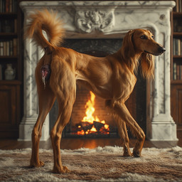 anatomically_correct anatomically_correct_genitalia anatomically_correct_pussy bodily_fluids book bookshelf cozy cum female feral fire fireplace fur fur_rug furniture genital_fluids genitals in_heat leaking_cum library pussy realistic realistic_feral red_body red_fur rug solo swollen_pussy whatshisnuts canid canine canis domestic_dog hunting_dog mammal saluki sighthound