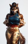 anthro female hair hands_behind_back muscular muscular_female ponytail qipao realistic simple_background solo redstallion_(director) canid canine canis mammal wolf hi_res