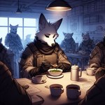 anthro bar beverage bing_image_creator clothing cutlery eating flak_jacket food group gun inside kitchen_utensils lamp machine_gun male military military_uniform ranged_weapon soup spoon tea tools uniform weapon technical_monkey arctic_fox canid canine fox mammal