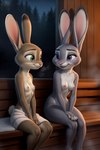 anthro babeyax715 bench breasts brown_body brown_fur cute_expression duo ears_up eye_contact female female/female fur green_eyes grey_body grey_fur hi_res inside judy_hopps lagomorph leporid looking_at_another mammal night nipples purple_eyes rabbit sauna scut_tail short_tail sibling sister sitting smile steam towel warm_lighting window zootopia