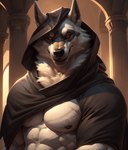 abs absurd_res anthro black_nipples black_nose canid canine canis chest_tuft clothing death_(puss_in_boots) hi_res hood looking_at_viewer male mammal muscular muscular_male nipples open_mouth pecs pillar pillars red_eyes solo speedykiwi tuft wolf