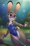 anthro bubble clothing disney ears_up female one-piece_swimsuit smile solo swimming swimwear underwater water wide_hips hank94_(director) zootopia judy_hopps lagomorph leporid mammal rabbit hi_res