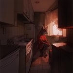 anthro brown_body brown_fur clothed clothing fur inside kitchen light male red_clothing sitting solo window sappy_(director) canid canine mammal lighting shaded