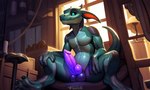 2_horns 3_fingers animal_genitalia anthro balls black_sclera blue_eyes claws detailed_background erection fingers genitals glowing green_body horn inside knot machine male nude penis sitting solo tail text sergalbutt kobold robot scalie detailed hi_res signature url