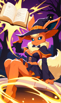 anthro book breasts clothing female fur halloween hat headgear headwear magic magic_user medium_breasts night solo witch witch_clothes witch_hat gobabsnow nintendo pokemon eeveelution flareon generation_1_pokemon pokemon_(species) absurd_res hi_res