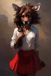 anthro bottomwear braided_hair brown_hair capreoline cervid clothing female ferox hair hi_res inner_ear_fluff looking_at_viewer mammal red_bottomwear red_clothing sadie simple_background skirt slim solo solo_focus topwear tuft white-tailed_deer white_clothing white_topwear