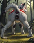 amaterasu_(okami) anatomically_correct anatomically_correct_genitalia animal_genitalia animal_pussy anus black_anus black_pussy butt canid canine canine_genitalia canine_pussy canis detailed detailed_background detailed_fur director_firewolf female feral forest furryrock_(model) genitals grass hi_res looking_at_viewer looking_back looking_back_at_viewer mammal orange_eyes paws plant presenting presenting_hindquarters puffy_anus pussy raised_tail rear_view solo spread_legs spreading tree wolf