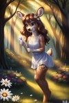 anthro brown_hair cervid female forest green_eyes hair hi_res hooves mammal nature nature_background plant smile solo standing tree venison venisoncreampie