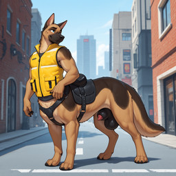 animal_genitalia animal_penis anthro balls big_balls black_nose blue_eyes brown_body brown_fur canine_genitalia canine_penis city claws clothing fur genitals male multicolored_body multicolored_fur muscular muscular_anthro muscular_male outside penis penis_tip saddle solo toe_claws topwear vest gertgrg canid canid_taur canine canine_taur canis domestic_dog german_shepherd herding_dog mammal mammal_taur pastoral_dog taur hi_res