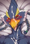 anthro bedding bodily_fluids cum cum_in_mouth cum_inside cum_on_face facial_markings genital_fluids head_markings looking_at_viewer lying male markings on on_back open_mouth solo lightning7 nintendo the_legend_of_zelda revali absurd_res hi_res portrait