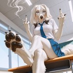 anthro blue_eyes cigarette clothing desk feet female foot_focus furniture gesture middle_finger necktie pawpads school school_uniform smoking table uniform anonymous_director canid canine canis domestic_dog hunting_dog mammal saluki sighthound absurd_res hi_res