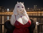 anthro big_breasts blush breasts city clothing curvy_figure dress eyebrows eyelashes female flirting floppy_ears fur fur_coat horn huge_breasts long_ears looking_at_viewer mature_anthro mature_female outside purple_eyes seductive slightly_chubby solo standing topwear white_body white_fur sherlock_hound_(director) toriel bovid caprine goat mammal hi_res