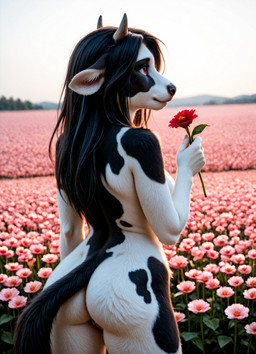 anthro butt female flower flower_field genitals holding_flower holding_object looking_away nude outside plant pussy solo standing denis0k bovid bovine cattle mammal