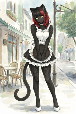 anthro black_body black_fur cafe city city_background clothing digitigrade elegant female fur illustration maid_uniform solo standing street uniform watercolor_style fauirien animal_humanoid domestic_cat felid feline felis humanoid mammal hi_res