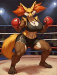 abs anthro audience big_breasts bottomwear boxing_gloves bra breasts cleavage clothed clothing confident female fighting_pose fighting_ring group gym_bottomwear gym_clothing gym_shorts handwear inside looking_at_viewer muscular muscular_female narrowed_eyes pose shorts solo sports_bra standing underwear anonymous_director delphox generation_6_pokemon pokemon_(species) hi_res