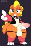 anthro balls big_balls big_penis biped claws clothed clothing collar erection fishnet fishnet_clothing fishnet_legwear foreskin genitals gesture hand_gesture holding_penis humanoid_genitalia humanoid_penis legwear male narrowed_eyes orange_body penis pointing red_body simple_background solo spiked_collar spikes tail teeth text thick_thighs topwear vest sergalbutt bubble_bobble bubble_dragon scalie hi_res signature url