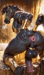 5_fingers accessory animal_genitalia animal_penis anthro anus armor backsack ball_ring balls bed big_anus big_balls big_penis biped black_balls black_body black_fur black_hair bodily_fluids bridle butt cock_ring dripping equine_anus equine_genitalia equine_penis erection fingers flared_penis fur furniture gaping gaping_anus genital_fluids genitals gold_(metal) gold_jewelry hair hand_on_butt jewelry kneeling looking_at_viewer looking_back looking_back_at_viewer male medial_ring muscular muscular_anthro muscular_male narrowed_eyes nipples on_bed penis penis_accessory penis_jewelry perineum precum presenting presenting_anus presenting_balls presenting_hindquarters puffy_anus raised_tail rear_view seductive solo spread_anus spread_butt spreading sweat tail testicle_cuff vein veiny_penis anonymous_director equid equine horse mammal hi_res