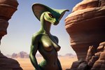 anthro big_breasts blizzard_entertainment breasts desert female green_body green_scales kauket looking_at_viewer nipples non-mammal_breasts non-mammal_nipples orange_eyes outside reptile scales scalie sethrak snake snake_hood solo warcraft world_of_warcraft