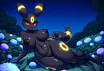 anthro big_breasts black_body black_nipples breasts completely_nude curvaceous curvy_figure deep_navel eeveelution eyelashes female generation_2_pokemon genitals hi_res javvy lying navel night nipples nude nude_female on_side outside pokemon pokemon_(species) pussy red_sclera solo thick_thighs umbreon voluptuous voluptuous_female wide_hips