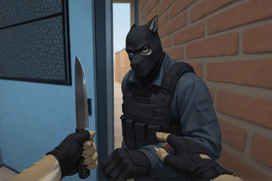 annoyed anthro bulletproof_vest clothing detailed_background duo first_person_view gloves handwear holding_knife holding_object jacket knife looking_at_viewer male mask topwear stripedwatermelon counter-strike meme_2026 canid canine canis mammal wolf hi_res