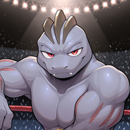 anthro belt featureless_chest fighting_ring grey_body looking_at_viewer male muscular red_eyes ridges smile solo spotlight jtizzle1989 nintendo pokemon generation_1_pokemon machoke pokemon_(species)