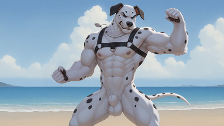5_fingers abs animal_genitalia anthro balls beach biceps black_body black_fur black_nipples black_nose black_pawpads black_spots chest_harness claws clenched_teeth cloud day detailed_background eyebrows fighting_pose fingers fist flexing floppy_ears fully_sheathed fur genitals harness harness_only jewelry looking_at_viewer male markings muscular muscular_anthro muscular_male navel necklace nipples nude nude_beach obliques outdoor_nudity outside pawpads pecs pose pubes sand sea seaside sheath sky solo spots spotted_body spotted_fur standing tail teeth tuft water white_balls white_body white_fur white_sheath bumblebee95 canid canine canis dalmatian domestic_dog mammal hi_res widescreen