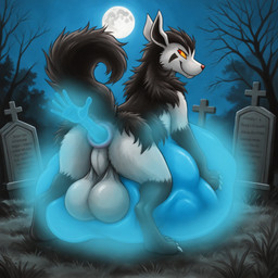 anal anal_vore anthro balls belly big_balls big_belly cemetery duo feral genitals glowing male night soul_vore vore thedavid nintendo pokemon generation_3_pokemon ghost mightyena pokemon_(species) spirit hi_res