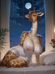 amber_eyes anthro bed brown_body brown_fur choker clothing cloud curtains dress erect_nipples female flower fur furniture gem horn jewelry moon necklace night nipple_outline nipples ossicone pearl_(gem) pearl_necklace pillow plant rose_(flower) solo tan_body tan_fur wedding_dress white_clothing window khenzyfck giraffe giraffid mammal hi_res