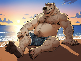 4_toes 5_fingers anthro arm_hair arm_support armpit_hair barefoot beach belly body_hair bulge camo camo_print chest_hair chest_tuft claws clothed clothing facial_hair feet finger_claws fingers frown fur grumpy hand_on_knee hand_on_leg happy_trail leaning leaning_back leg_hair male manly musclegut muscular muscular_anthro muscular_male navel nipples outside overweight overweight_anthro overweight_male plantigrade seaside shoulder_hair sitting sky soles solo sun swimming_trunks swimwear teeth toe_claws toes topless topless_male tuft water white_body white_fur fox1400 mammal polar_bear ursid ursine absurd_res full-length_portrait hi_res portrait signature