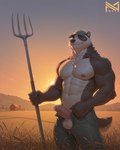 abs anthro balls biceps black_body black_fur bodily_fluids bottomwear clothing denim denim_clothing detailed_background dripping erection farm farmer fur genital_fluids genitals hat headgear headwear humanoid_genitalia humanoid_penis jeans leaking_precum looking_at_viewer male multicolored_body multicolored_fur muscular muscular_anthro muscular_male navel nipples nude outdoor_nudity outside pants pecs penis precum presenting presenting_penis smile solo sunset tuft unzipped unzipped_pants white_body white_fur notte badger mammal mustelid musteline absurd_res detailed hi_res
