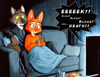 4_fingers anthro bedding beverage beverage_can black_clothing black_eyebrows blanket bottomwear brown_body brown_fur can chips_(food) claws clothed clothing container controller dialogue duo electronics eyebrows eyelashes facial_tuft female fingers food fully_clothed fur furniture holding_beverage holding_object hoodie inside male on_sofa orange_body orange_fur pants pillow pink_nose sitting sitting_on_sofa soda sofa speech_bubble teeth television text topwear tuft yellow_sclera hank94_(director) the_bad_guys diane_foxington mr._wolf_(the_bad_guys) canid canine canis fox mammal wolf english_text hi_res