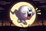balls black_eyes cemetery cloud eyebrows fangs full_moon genitals humanoid_genitalia humanoid_penis male moon night penis solo text tombstone tongue tongue_out white_body sergalbutt boo_(mario) ghost spirit signature url