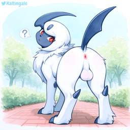 all_fours anus balls butt chest_tuft claws feral fur genitals horn looking_back male nature nature_background park pawpads paws plant presenting presenting_anus presenting_balls presenting_hindquarters question_mark raised_tail rear_view red_eyes shrub solo standing tree tuft white_body white_fur kaltingale_(director) nintendo pokemon absol generation_3_pokemon pokemon_(species) hi_res painting_(artwork) signature traditional_media_(artwork) watercolor_(artwork)