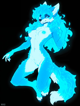 anthro black_background blue_body blue_eyes blue_fur blue_hair countershade_torso countershading digitigrade dipstick_tail female floating fur genitals glowing glowing_body glowing_eyes glowing_fur glowing_hair glowing_tail hair looking_at_viewer markings nipples nude paws pussy simple_background solo tail_markings krickracsac canid canine deity fox mammal spirit absurd_res hi_res watermark