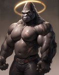 anthro bottomwear clothing detailed_fur fur grey_body grey_fur grey_skin grin halo looking_at_viewer male muscular muscular_male pants scars simple_background smile solo solo_focus standing yellow_eyes kuranoidss ape gorilla haplorhine humanoid mammal primate detailed