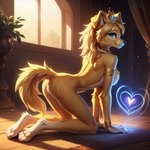 <3 all_fours anthro bird_dog blonde_hair blue_eyes canid canine canis crown domestic_dog female gold_(metal) gold_jewelry golden_retriever hair hunting_dog jewelry looking_at_viewer lurktime_(director) magic mammal retriever side_view solo