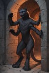 anthro arch bedroom black_body black_fur black_pawpads blue_eyes blush detailed_fur digitigrade dungeon fangs female fluffy fur handpaw looking_at_viewer multi_arm multi_limb pawpads paws semi-anthro solo standing_in_doorway stone_floor stone_wall wall_(structure) degenstoic displacer_beast felid mammal pantherine detailed hi_res