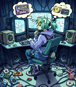 1990s anthro bottomwear clothing computer_keyboard computer_monitor controller denim denim_clothing female female/female fluffy footwear garter_straps green_hair hair harness highlights_(coloring) hoodie inside jeans pants ponytail remote_control shoes sitting sneakers solo solo_focus speaker thought_bubble topwear video_games wire holo_(director) mammal ursid absurd_res hi_res