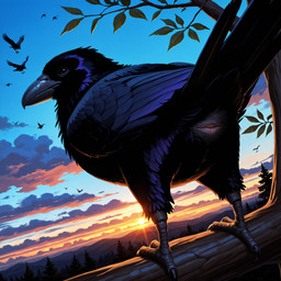animal_genitalia beak black_body black_feathers branch cloaca crouching feathers female feral forest genitals looking_at_viewer looking_back looking_back_at_viewer plant presenting solo sunset talons tree underfluffies pleasedontlook avian bird corvid corvus_(genus) oscine passerine raven hi_res