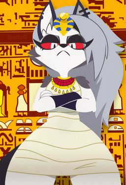 anthro biped clothed clothing crossed_arms dress ear_piercing ear_ring egyptian egyptian_clothing female female_anthro fur grey_body grey_fur grey_hair hair hieroglyphics looking_at_viewer piercing red_sclera ring_piercing solo white_body white_eyes white_fur sergalbutt ankha_zone hellaverse helluva_boss meme_2026 loona_(helluva_boss) canid canid_demon canine demon hellhound mammal director_name hi_res meme signature