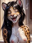 anatomically_correct black_hair bodily_fluids breasts cum cum_on_face eyelashes eyes_closed front_view fur genital_fluids hair long_hair nude open_mouth smile smiling_at_viewer spots spotted_body spotted_fur yiff_ai felid feline jaguar mammal pantherine