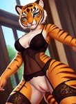 absurd_res anthro blue_eyes breasts clothing danton felid female fur genitals hi_res kung_fu_panda legwear mammal multicolored_body multicolored_fur orange_body orange_fur pantherine pussy solo stockings tiger