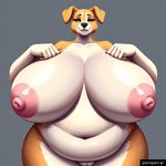 5_fingers amber_eyes anthro belly big_breasts black_eyebrows black_nose breasts eyebrows female fingers fur genitals grey_background huge_breasts looking_at_viewer multicolored_body multicolored_fur nipples overweight overweight_anthro overweight_female pink_nipples pornpen.ai pussy simple_background solo standing tan_body tan_fur cow_of_fire canid canine canis domestic_dog mammal 1:1 shaded