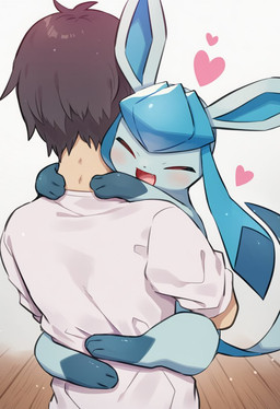 <3 ambiguous_gender black_hair blue_body blush clothing duo eyes_closed fangs feral hair love male male/ambiguous open_mouth paws shirt t-shirt tail teeth tongue topwear kaigamiaikemono nintendo pokemon eeveelution generation_4_pokemon glaceon human mammal pokemon_(species) 2026