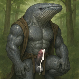 anthro balls bing_image_creator bodily_fluids bottomwear clothing cum cum_drip cum_on_body dripping erection forest genital_fluids genitals grey_body kneeling loincloth looking_at_viewer male muscular muscular_anthro muscular_male nipples penis plant robe solo tree eclipsetheorca baleen_whale cetacean humpback_whale mammal marine hi_res stable_diffusion